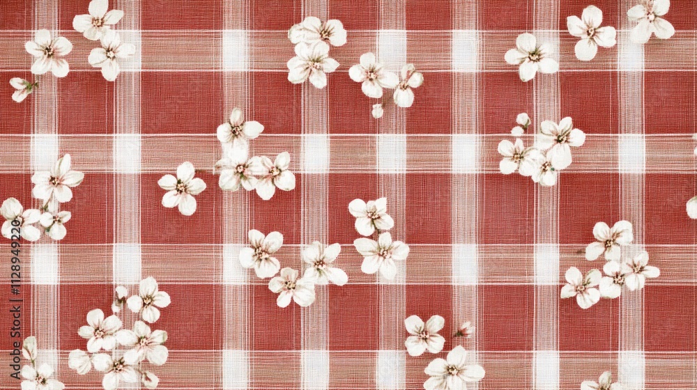 Poster red and white plaid background with delicate small flowers inserted between the lines, creating a ch