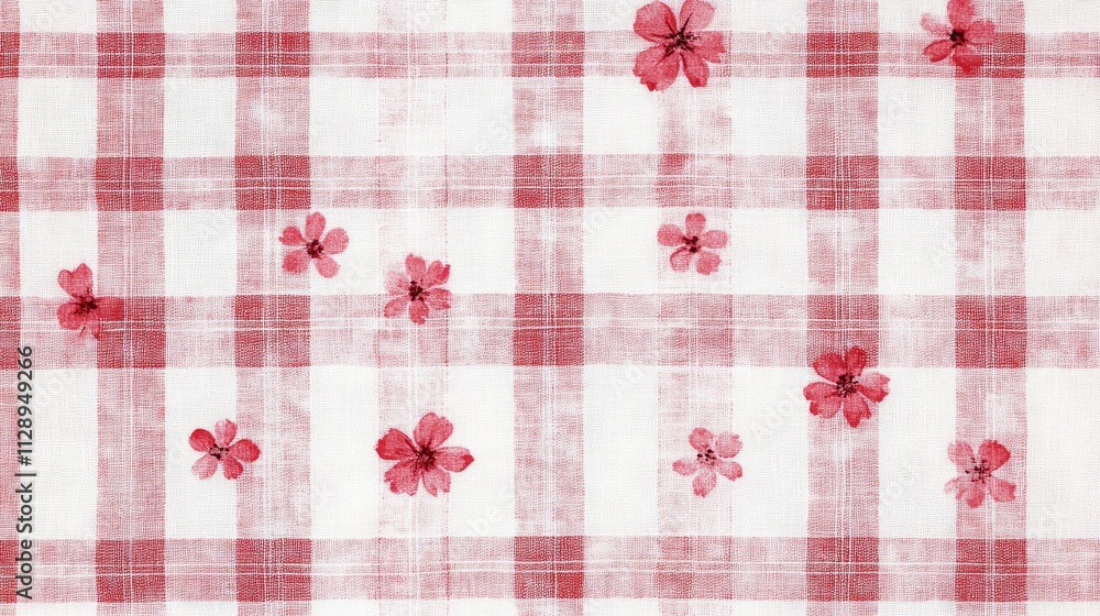Poster red and white plaid background with delicate small flowers inserted between the lines, creating a ch