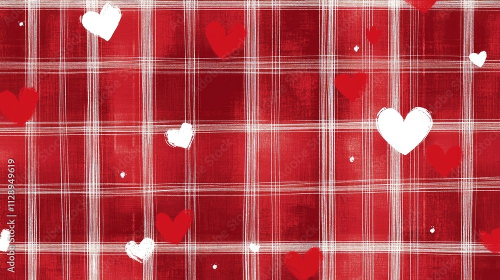 Poster red and white plaid background with tiny hearts inserted between the lines, creating a warm, romanti