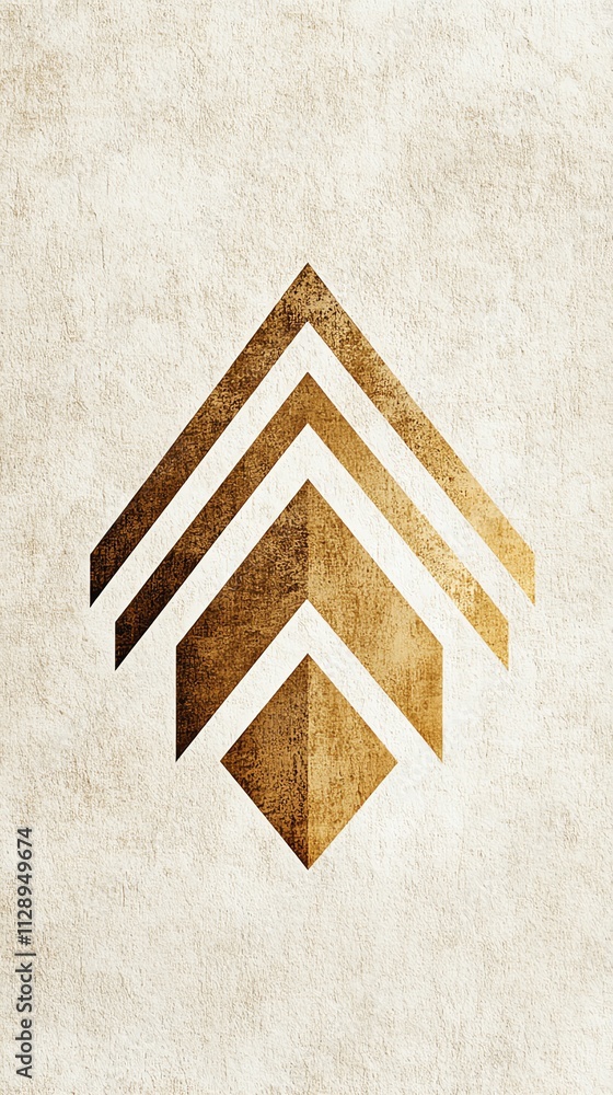 Poster A minimalist geometric design featuring layered triangular shapes in gold on a textured background.