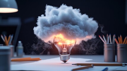 A luminous light bulb releases flames, symbolizing creativity and innovation.