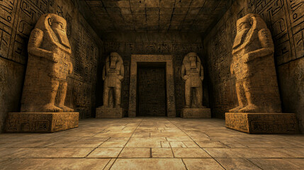 Mystical Temple Chamber Beneath the Desert with Ancient Statues and Hieroglyphs