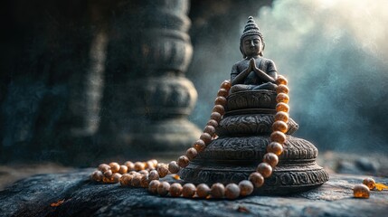 Fototapeta premium Sacred beads draped over a stone statue, their soft light reflecting ancient traditions, set against a deep, meditative background