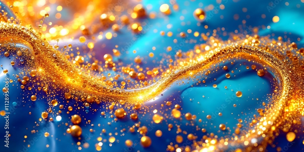 Poster close-up of various stains and overflows of shimmering gold particles suspended in a vibrant blue fl