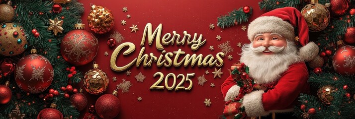 Santa Claus Greeting Card, Red and Gold Ornaments Christmas Tree, Rich Red Background with Snowflake Pattern, Merry Christmas 2025