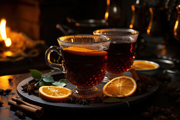 Fototapeta premium Glass of hot mulled wine with lemon, 