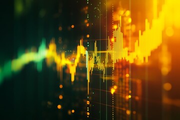 Abstract financial data visualization with fluctuating lines and glowing particles.