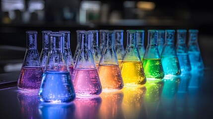 Rows of glass flasks filled with luminous, colorful liquids, the vibrant hues glowing under soft light, arranged neatly on a glossy laboratory surface.