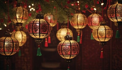 Intricate Asian ornaments and garlands as a background for festive celebrations.