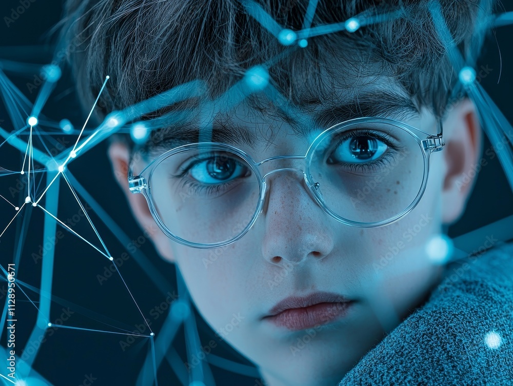 Poster in a futuristic environment, a man engages with digital data visualizations.