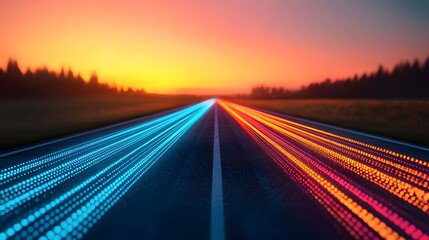 A mesmerizing sunset roadscape with glowing fiber optic trails creating a dynamic visual spectacle. Fiber optic, Network, Infrastructure Concept