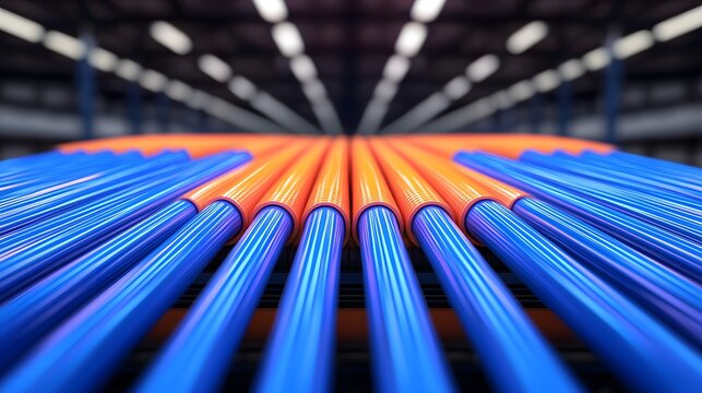 A Vibrant Display of Fiber Optic Cables in a Modern Industrial Warehouse Setting. Fiber optic, Network, Infrastructure Concept