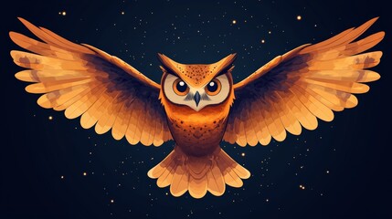 A simple flat illustration of an owl flying with wings spread, clean vector style, on a white background