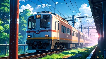 A train passing through a rural landscape under cloudy and rainy skies