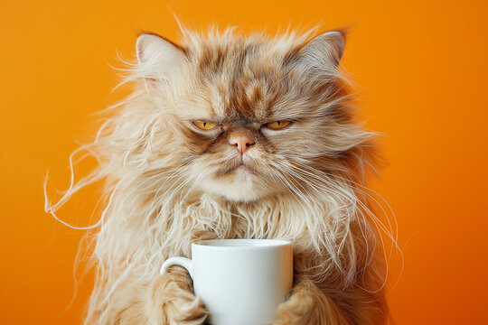 Fluffy Persian Cat Holding A Coffee Mug Against Orange Background. Funny sleepy tired orange cat with tangled fur holding a coffee cup, morning exhaustion, need for caffeine. I hate Mondays concept
