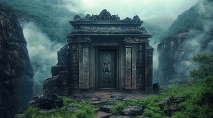 Ancient Temple Gate in Misty Mountains