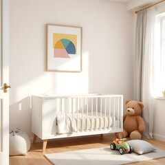 children's room interior, baby bed, geometric art painting, teddy bear toy, small car toy, cozy design, pastel colors, modern decor, light wood accents