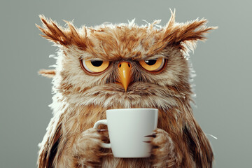 Sleepy tired, grumpy owl with wild feathers, holding a coffee cup, embodying the need for hot coffee or a caffeine and a humorous take on sleepiness. I hate Mondays concept