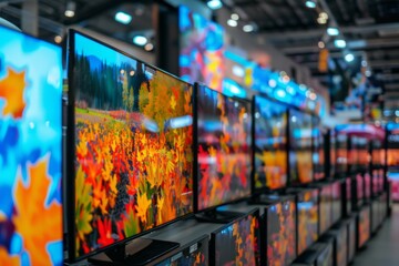 Modern flatscreen TVs for sale in electronic store