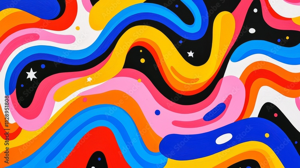 Poster a dynamic abstract design with vibrant waves and cosmic elements in a swirling pattern.