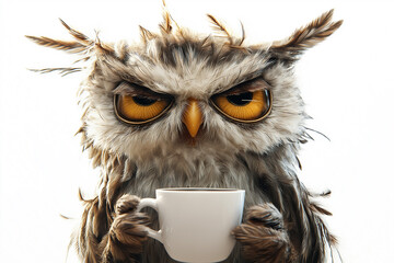 Sleepy tired, grumpy owl with wild feathers, holding a coffee cup, embodying the need for hot coffee or a caffeine and a humorous take on sleepiness. I hate Mondays concept