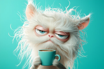 Funny sleepy cat with messy fur holding a cup of coffee against a teal background. Tired orange cat with tangled fur holding a coffee cup, morning exhaustion, need for caffeine. I hate Mondays concept