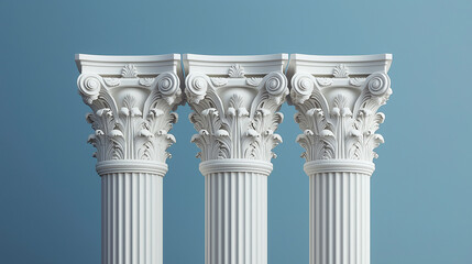 Obraz premium Three white Ionic columns featuring elaborate decorative carvings at their capitals, exemplifying classical architectural design with detailed motifs. Elegance and historical artistry concept