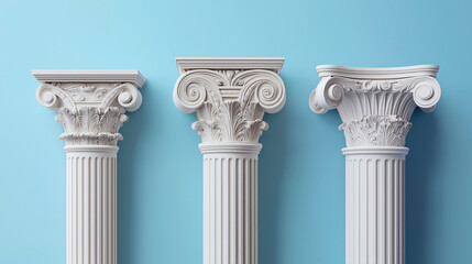 Three white Ionic columns featuring elaborate decorative carvings at their capitals, exemplifying classical architectural design with detailed motifs. Elegance and historical artistry concept
