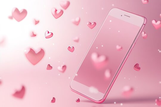 A pink cell phone with hearts surrounding it