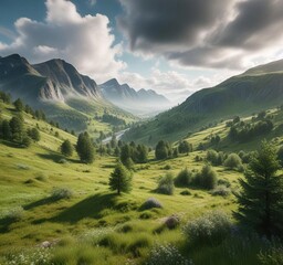 Obraz premium Rolling hills and lush green forests in a Norwegian valley with misty clouds, valleys, grasslands