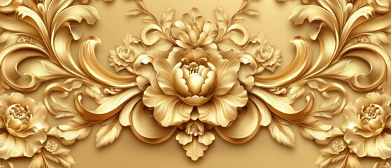 Luxurious Golden Floral Ornament Carving, 3D Wall Decor, Baroque Design