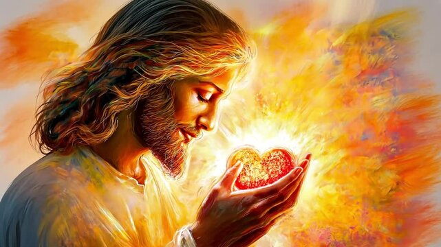 A radiant depiction of Jesus Christ holding a glowing sacred heart in a burst of warm light. Concept of divine love and spiritual compassion.