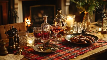 Cozy Autumn Family Dinner in Rustic Dining Room with Tartan Tablecloth and Glowing Fireplace