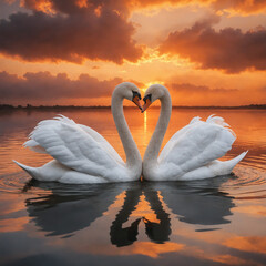 Fototapeta premium Two swans forming a heart shape at sunset on a calm lake.
