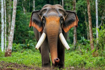 Fototapeta premium A vibrant photo of a majestic elephant with large tusks walking gracefully through a misty forest in India