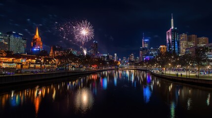 Stunning Nighttime Cityscape Skyline with Reflection and Fireworks Display Over the River