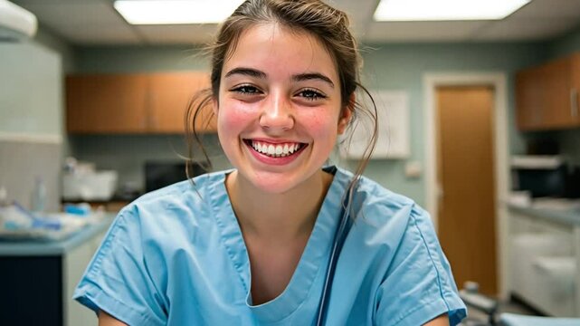 A cheerful young dentist in scrubs smiling brightly in a modern clinic. Concept of otal healthcare dedication and positivity in patient care.