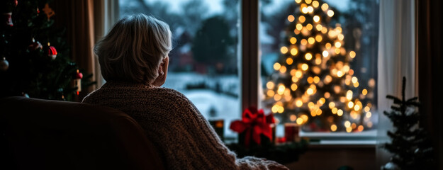 Elderly woman sitting alone in the living room, looking  at the Christmas tree 