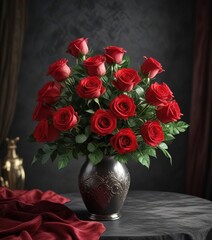 Fototapeta premium Bouquet of red roses in a vase on a velvet background , roses, flower arrangement