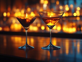 Two Martini Glasses On Bar With Candlelight Background