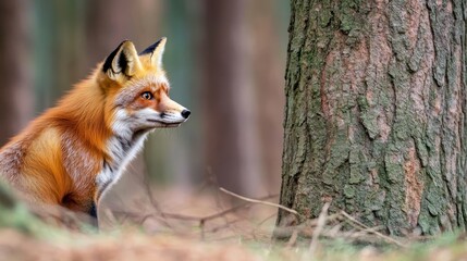 Fototapeta premium A close-up of a fox in a forest, gazing at a nearby tree.