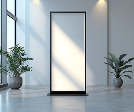 An illustrated 3D mock-up of an empty, double-sided outdoor advertising poster stand with metal backlighting and a curved LED B Totem Poster light box.