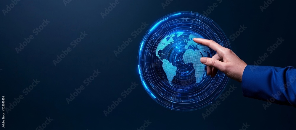 Aufkleber an illustration of digital technology depicting the global network concept, featuring icons and a gl