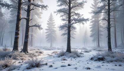 A frozen forest with snow-covered trees and a frosty mist, frosty landscape, icy air