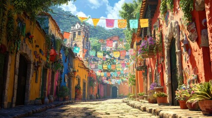 Vibrant Alleyway in a Colorful Mexican Town with Festive Flags and Charming Architecture