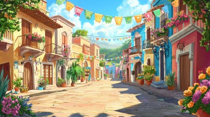 Fototapeta premium Colorful and Quaint Mediterranean Town Street with Traditional Architecture and Festive