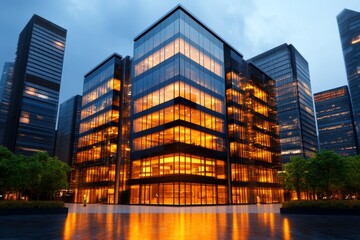 A vibrant photo of an electrician installing LED lighting in a modern commercial building, with reflective glass windows
