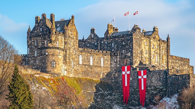 Majestic Medieval Castle with Flags and Cross Towers on Rocky Hill Landscape