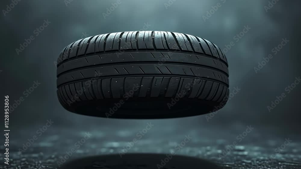 Poster floating tire in a dark environment showcasing advanced design and innovative technology at work in 