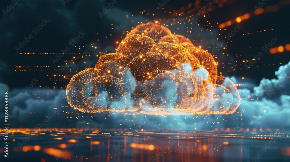 Poster floating orange cloud of connections and dots above a dark background with blue fog and orange light